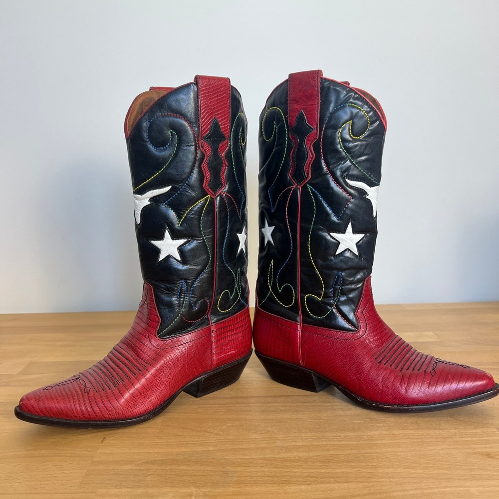 Nine West Red and Black Western Cowboy Boots with White Star Appliqués - Picture 5 of 14